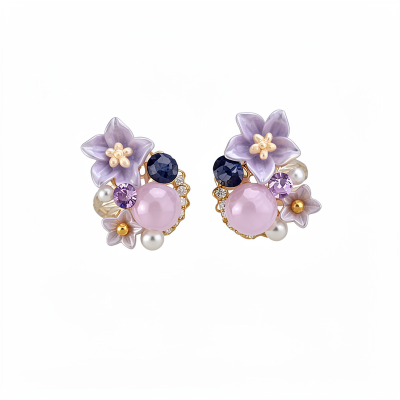 Agujas de plata, pernos de aretes de flores de resina de piedra de silicio, aretes de moda frescos y dulces, aretes de lujo ligero y de alta calidad.