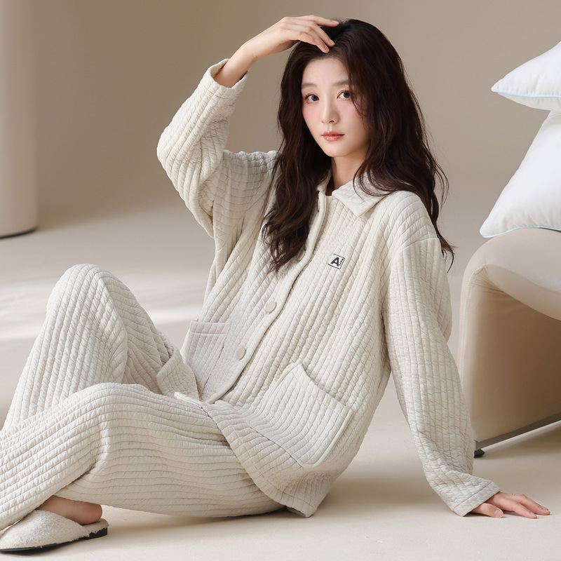 Pajamas for Women Autumn and Winter 2025 New Air Cotton Sandwich Long-Sleeved Thickeneded Warm Home Clothes Women's Suit Fleece-Lined
