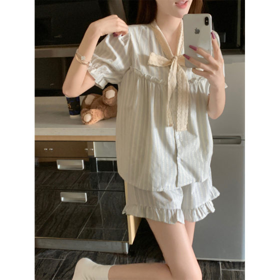 South Korea Ins Women's Summer Sweet Cyber Celebrity Lace Bow Summer Short-sleeved Shorts Pajamas Home Wear Outfit