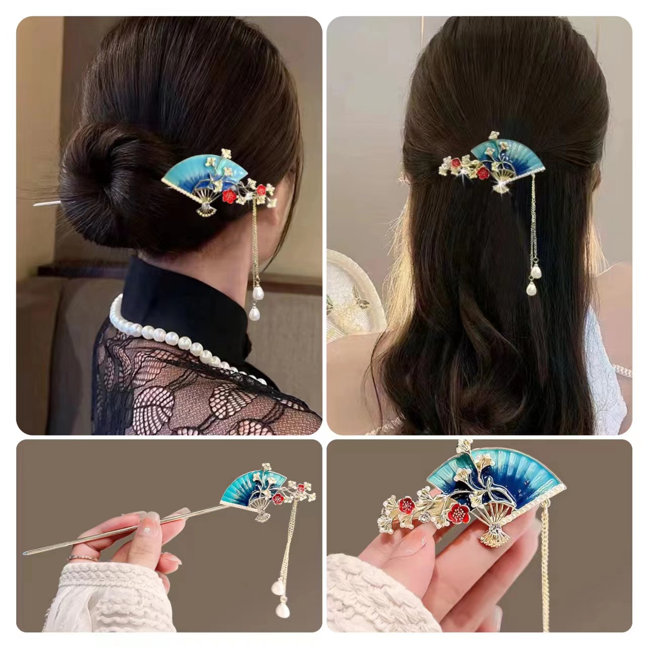 古風漢服髮簪扇形畫油側邊夾氣質旗袍簪子百搭步搖流蘇髮飾劉海夾