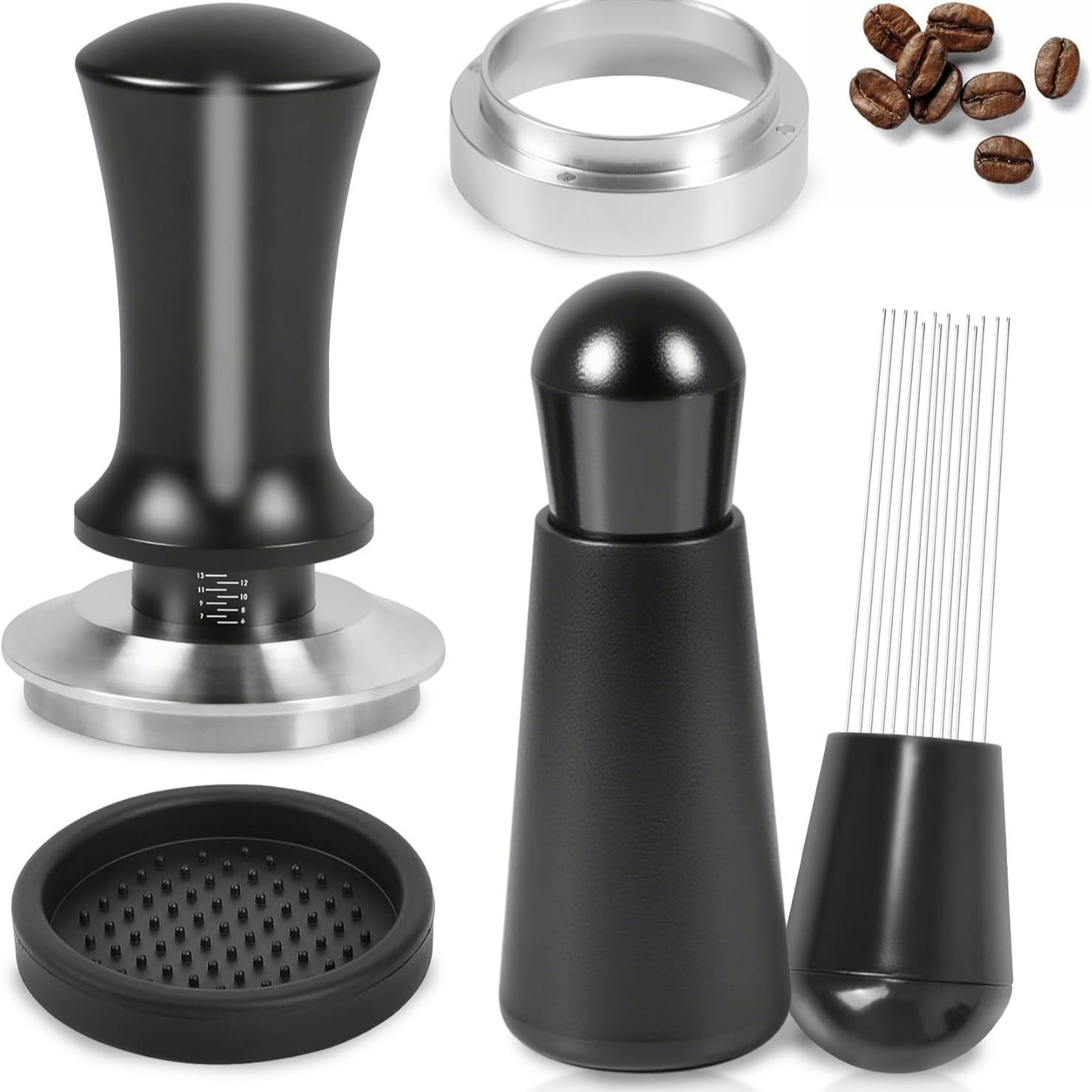 Amazon 304 acero inoxidable set de utensilios de café prensador de polvo de fuerza constante set de cuatro piezas de anillo de polvo