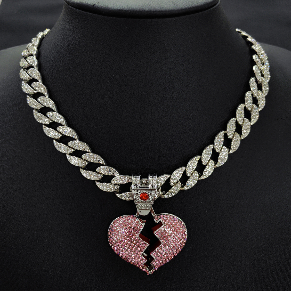Diamond Broken Heart Necklace With Pink Crystals For Unisex_voghion.com