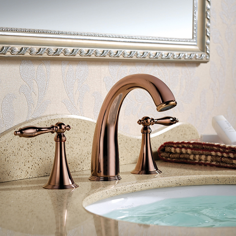 Rose gold all copper basin faucet hot and cold toilet wash basin double split three hole bathroom European style