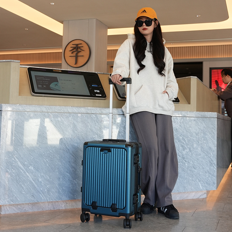 Front Opening Luggage Side Buckle Front Opening Cover Pull Rod Aluminum Frame Large Capacity USB Charging with Cup Holder Wholesale