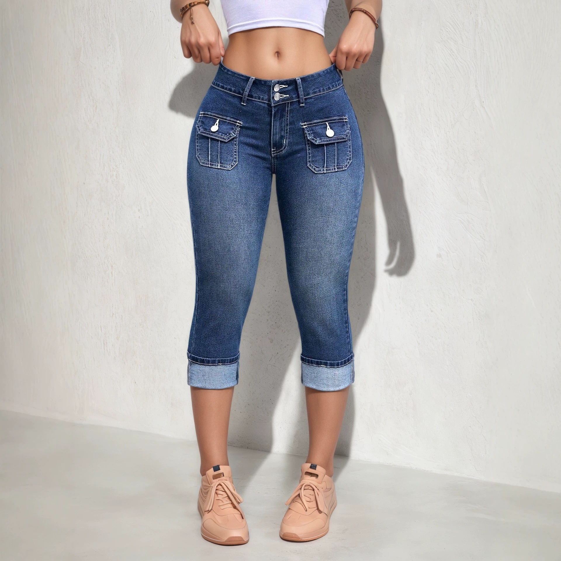 European and American Temu 2026 Spring/Summer New Amazon Bestseller High-Waisted Slimming Stretch Denim Capri Jeans for Women