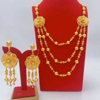 阿拉伯迪拜24K镀金花朵项链耳环两件套装欧美女士新娘Accessories