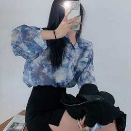 扎染衬衫女韩风上衣宽松2023夏季宽松薄款中长款防晒蓝色雪纺衬衣