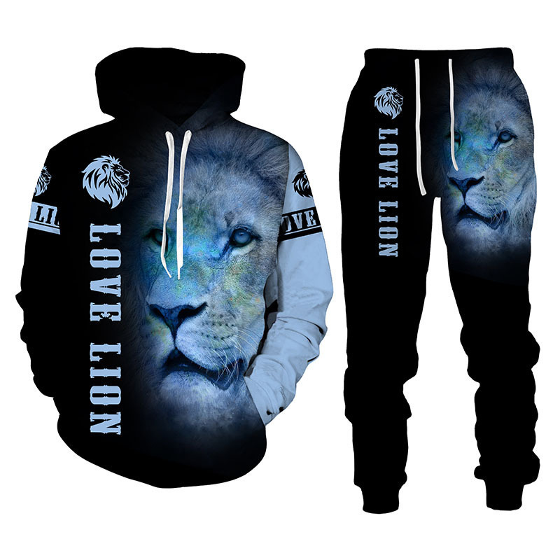 Lion King autumn and winter 3D printing men's hooded sweater suit men's sportswear sportswear long sleeve men's suit
