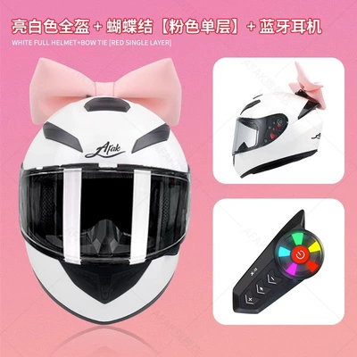 helmet, Motosiklet kaskı (dəbilqə) - pure-white-with-silver-plated-mirror-pink-bow-bluetooth-headset-anti-fog-sticker-m