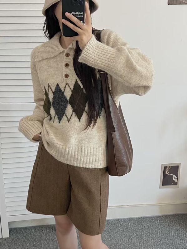 复古polo领菱格提花套头毛衣女2025秋冬新款韩系宽松休闲针织上衣|undefined