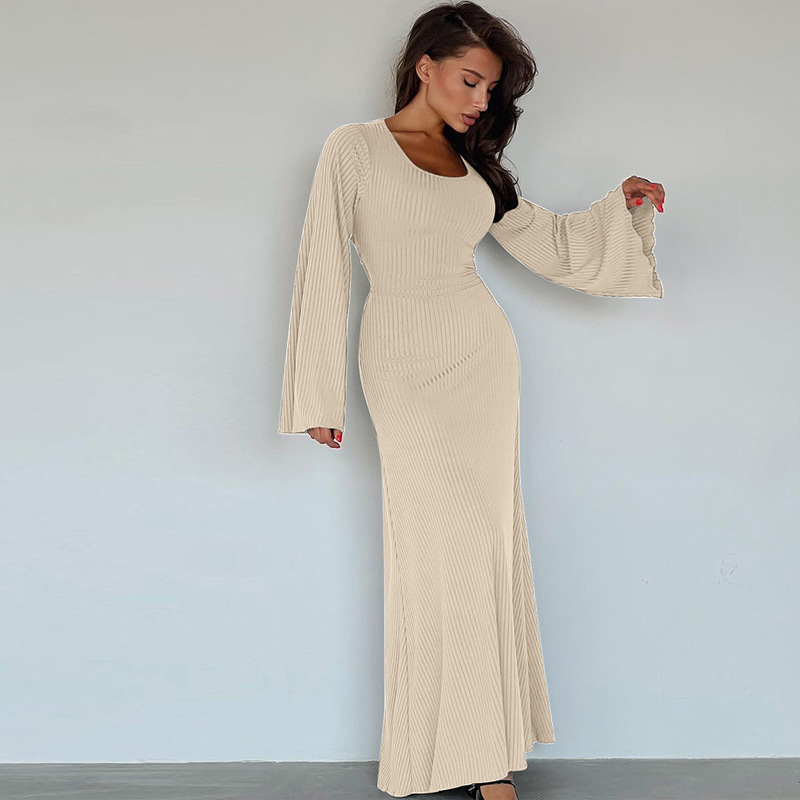women's clothing 2023 autumn new fashion loose U-neck back tie long-sleeved dress_senzul.com