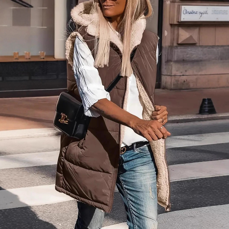 2026 Amazon European and American Style Solid Color Hooded Cotton Vest, Double-Sided, Slim Fit, Elegant Cardigan Jacket Top 2026 Amazon European and American Style Solid Color Hooded Cotton Vest, Double-Sided, Slim Fit, Elegant Cardigan Jacket Top