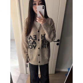 美式提花V领针织开衫外套女秋冬休闲宽松慵懒风毛衣外套早秋穿搭