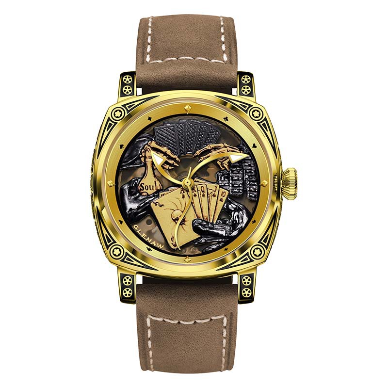 Đồng hồ cơ nam automatic lộ máy tourbillon hai mặt khắc nổi phát quang dây da bò — Vàng vừa mang, Dải thép đen bạc, Vỏ bọc vàng, Da đen bạc