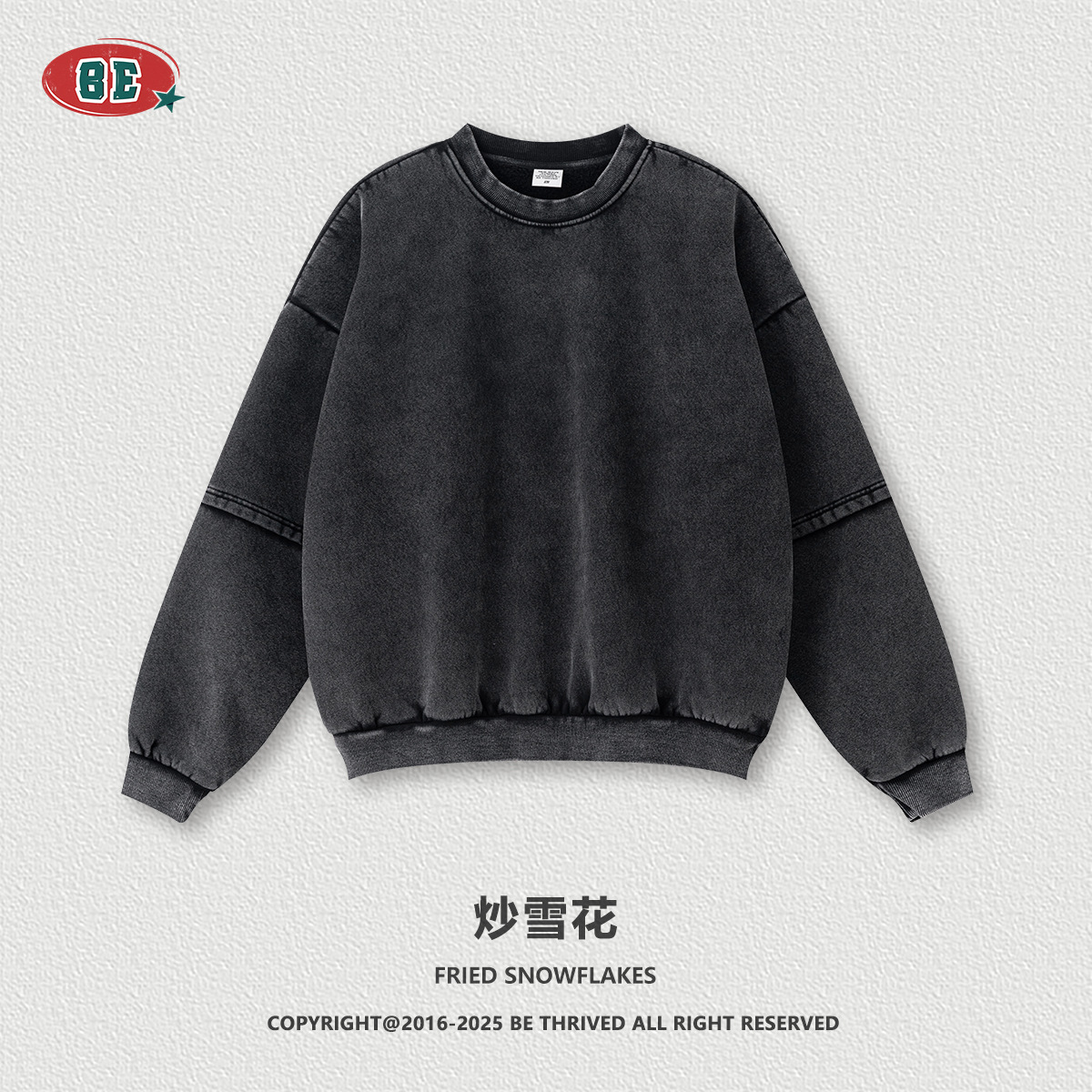 BE ropa de hombre | Sudadera para hombre con forro polar, cuello redondo, estilo europeo y americano, de marca de moda para comercio exterior, con lavado y efecto desgastado, diseño de patchwork de dos piezas falsas y estampado de copos de nieve.