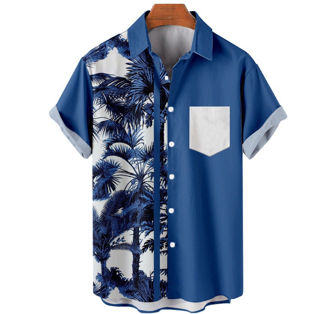 2023 Amazon nuevo transfronterizo Hawaiano planta color bloque patrón de impresión más tamaño de bolsillo de los hombres camisa de manga corta