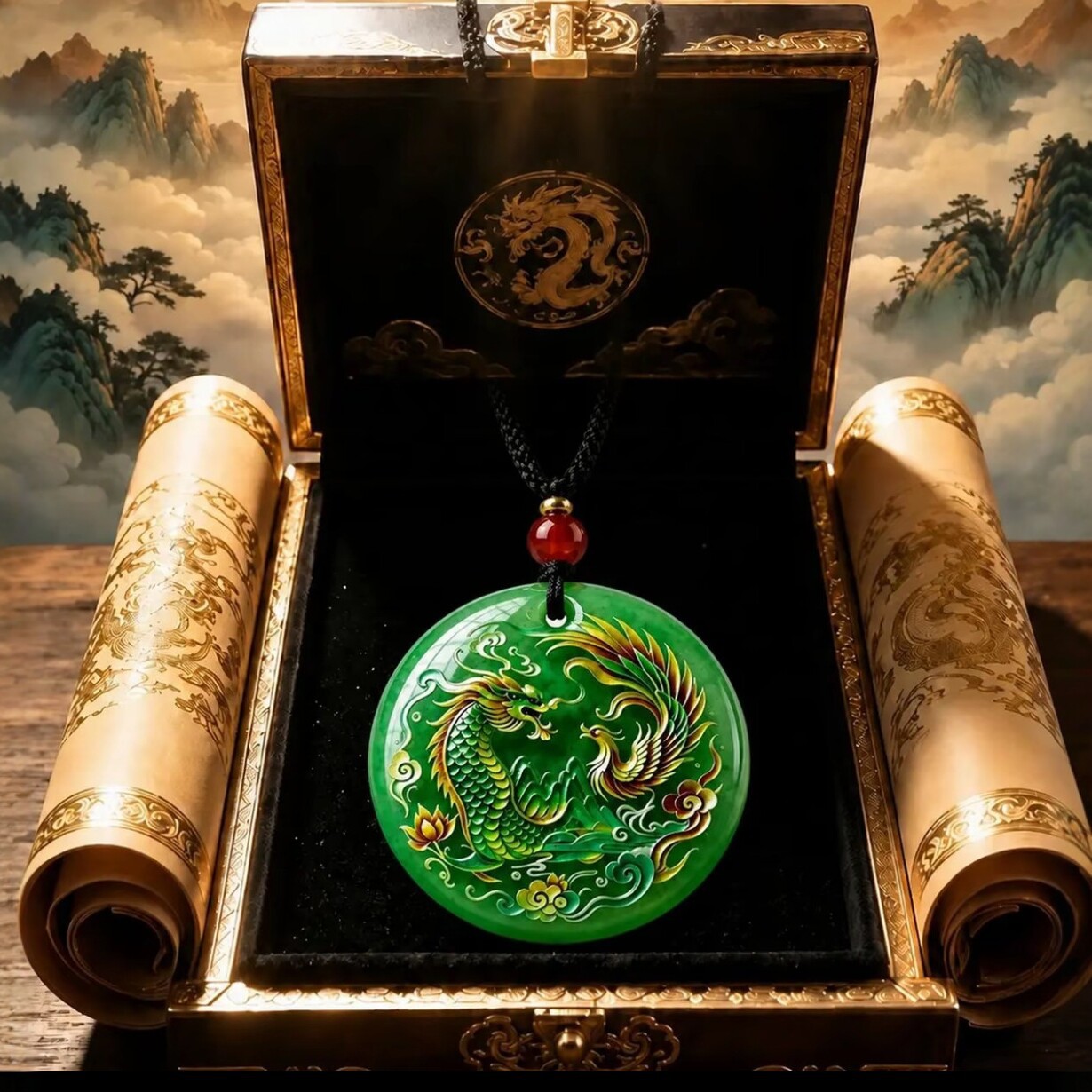 Dragon and Phoenix Auspicious Round Pendant, featuring auspicious clouds and lotus flowers, meticulously crafted with traditional Chinese artistry, a perfect gift for women