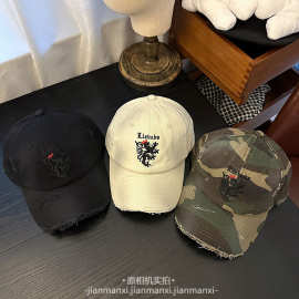 美式复古嘻哈水洗做旧磨破棒球帽女软顶刺绣图案设计感鸭舌帽男潮
