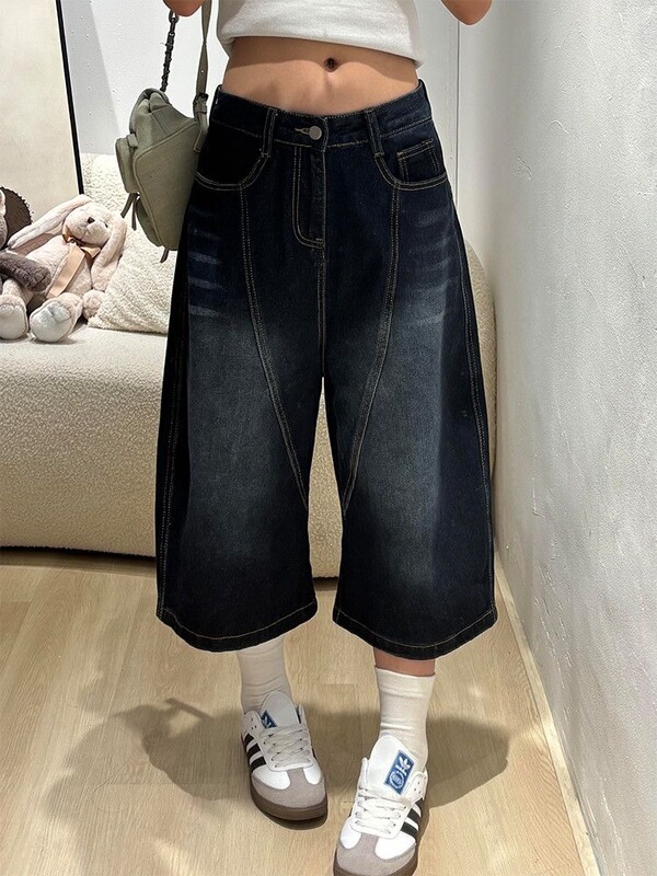 Plus-Size Trendy Design with Back Embroidery and Patchwork Denim Cropped Pants for Women, Summer Loose Fit Slimming Casual Shorts