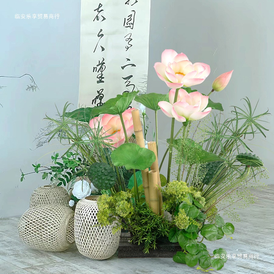 中式荷花装饰造景室内橱窗荷叶竹子绿植景观摆设拍摄道具