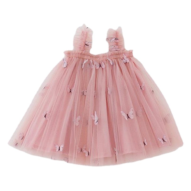 Corea del Sur ropa para niños mariposa bordado malla vestido de niña 2024 verano vestido de tirantes para niños vestido de princesa pettiskirt