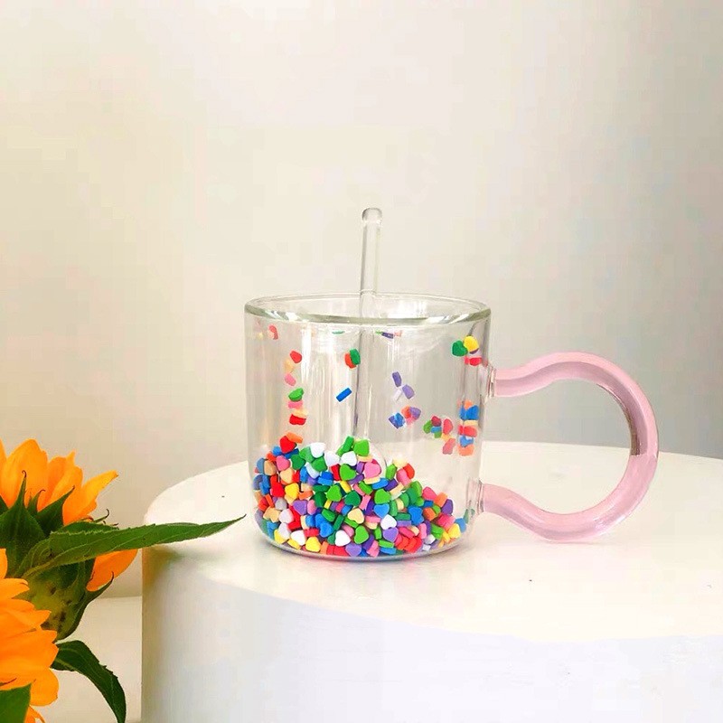 Internet celebridad móvil amor doble capa taza hogar niña Vidrio colorido arenas movedizas taza regalo creativo taza de leche