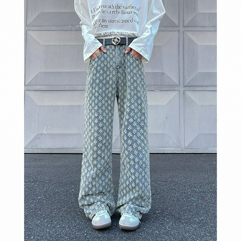 Men's Summer Jacquard All over Print plus Size Tall Extra Long Flared Pants mid Waist Straight Blue Jeans High Street Style_voghion.com