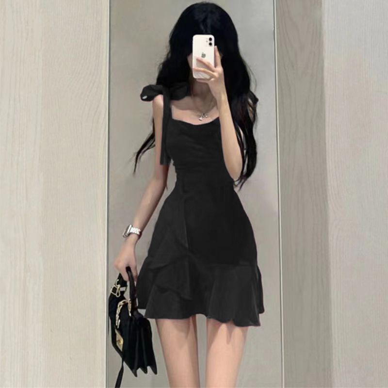 New Lotus Leaf Temperament Hot Girl Red Suspender Dress Petite Summer Pure Lust Style Waist Slimming Short Skirt for Women
