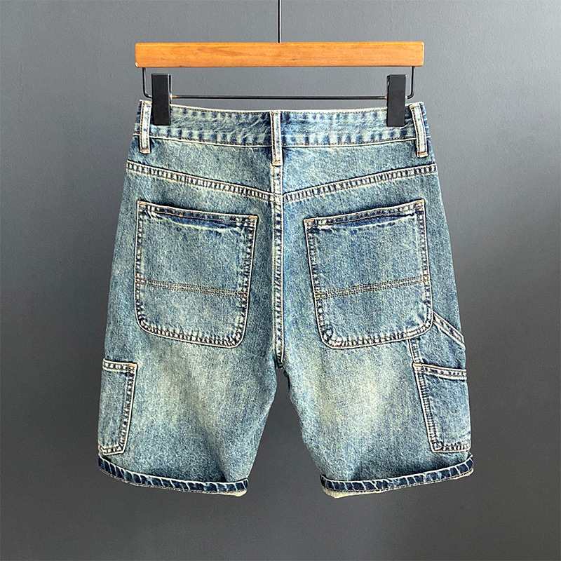 Trendy Men's Loose Straight-Leg Vintage Washed Denim Shorts with Multiple Pockets Cargo Shorts