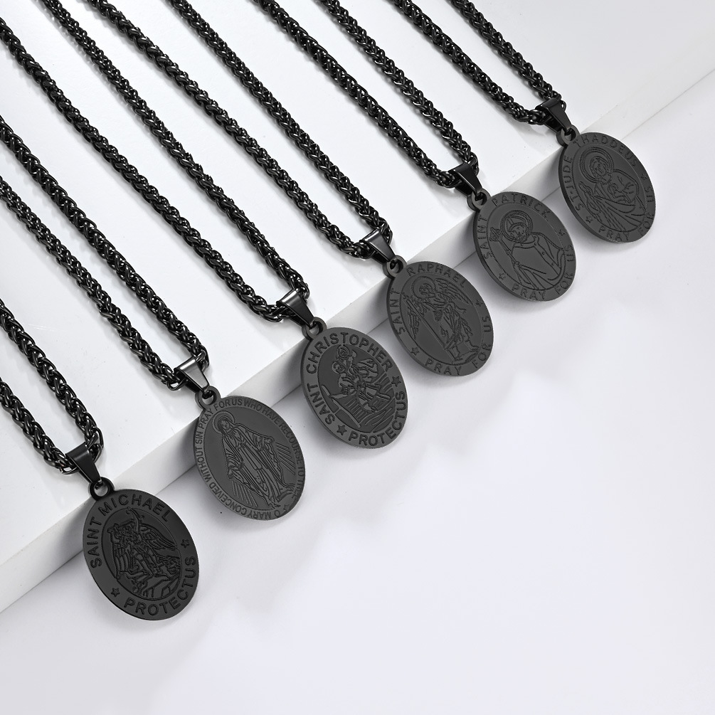 (2개) 레트로 신 후원자 성자 라운드 브랜드 메달 티타늄 스틸 목걸이 성별없는 남녀 휴일 선물 패션 펜던트