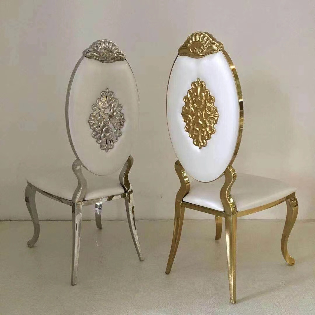 Sillas de comedor de acero inoxidable de Guangdong, sillas para banquetes, hoteles y bodas, sillas apilables con respaldo, taburetes de exterior de lujo ligero