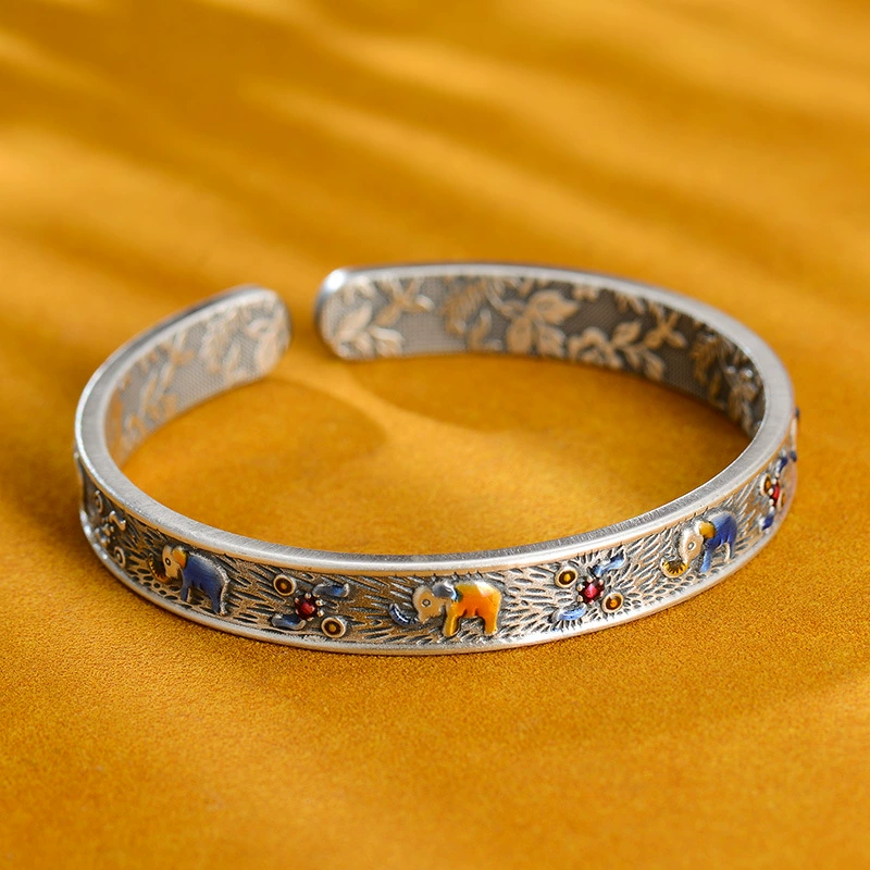 Серебряный браслет, этническая эмаль, этнический стиль, 31 г