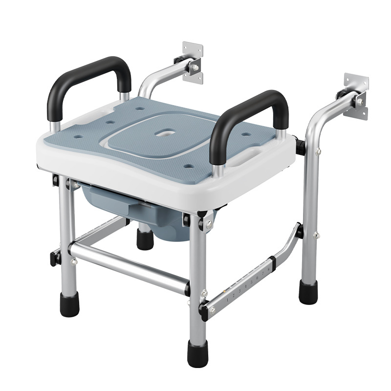 Silla de Inodoro Plegable de Pared de Aleación de Aluminio con Reposabrazos para Baño