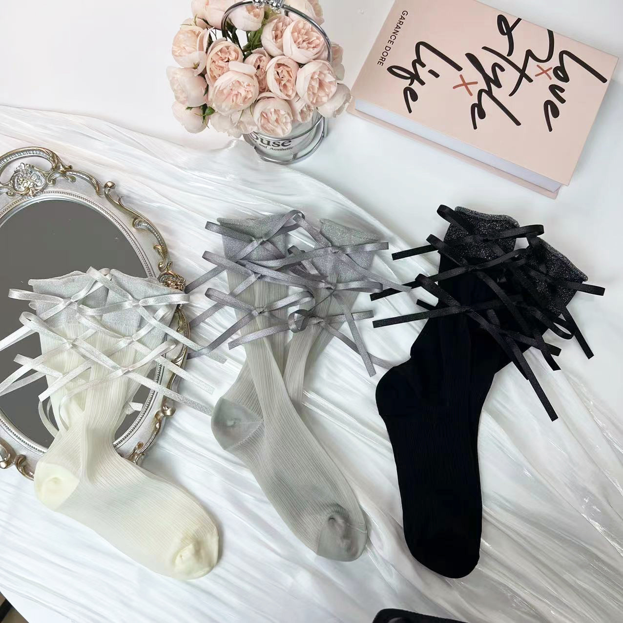 Summer Shiny Silk Bow Ice Silk Stockings Lolita Ballet Style Short Socks Transparent Vertical Striped Glass Socks