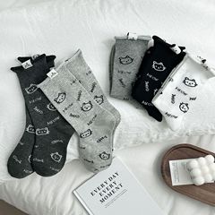 网红猫咪袜子女卡通可爱布标中筒袜韩系灰色袜子无骨卷边堆堆袜女