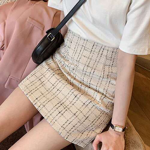 chanel style plaid wool skirt women's autumn and winter dress new fashionable high-waist all-matching hip skirt
