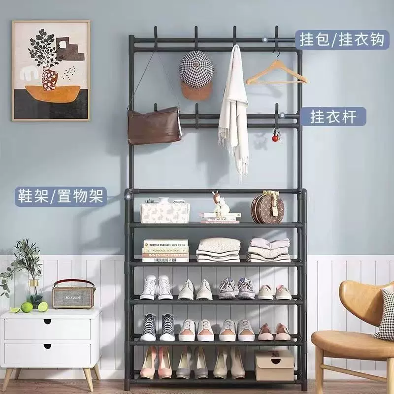 鞋架多层家用落地一体式衣帽一体架鞋屋门玄关简易鞋服多功能架