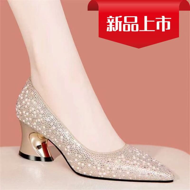 女性用ラインストーンハイヒール、義母用ウェディングシューズ、春スタイルレディース高級本革靴、太ヒールマザーズシューズ|undefined