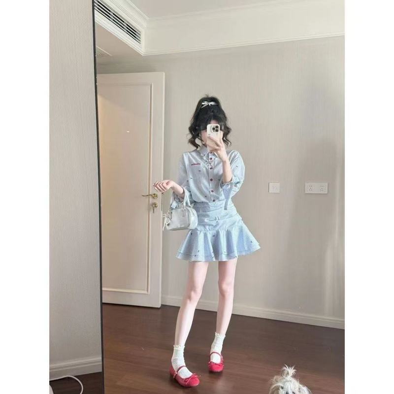 韩版学院风竖条纹收腰翻领衬衫连衣裙女秋季荷叶边百褶裙叠穿纯欲|undefined