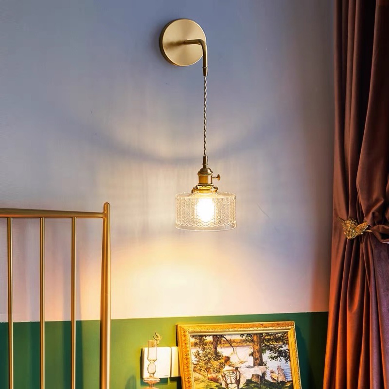 Lámpara de pared de vidrio de latón japonés retro moderna nórdica lámpara de pared de cabezal de cama simple baño espejo lámpara delantera