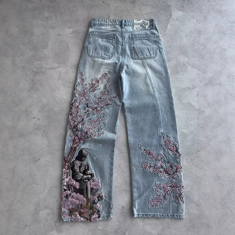 European and American Cross-Border Retro Heavy Floral Embroidery Wide-Leg Jeans for Men and Women, High-Waisted Fashion Street Pants European and American Cross-Border Retro Heavy Floral Embroidery Wide-Leg Jeans for Men and Women, High-Waisted Fashion Street Pants