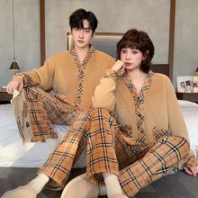 睡衣女秋冬季情侣款加绒加厚珊瑚绒法兰绒宽松领简约家居服套装