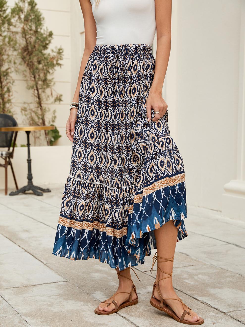 Bohemian European American Style Rayon Printed A-line Midi Skirt Vacation, Beach, And Seaside, With A Large Hemline For_ecoleips.com