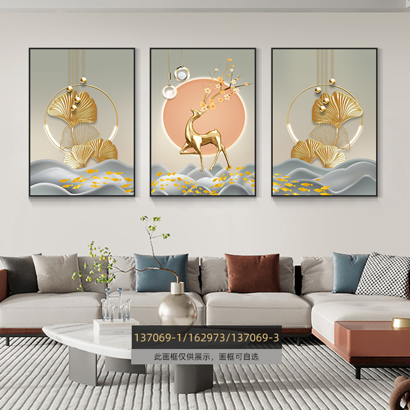 Pintura de decoración de la sala de estar moderna de lujo ligera Fukuyan atmósfera tripartita mural significa un buen fondo de sofá pintura colgante de pared