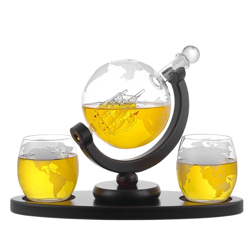 Decantador Globe con velero — botella de whisky de vidrio con mapa grabado, set de regalo elegante para vino