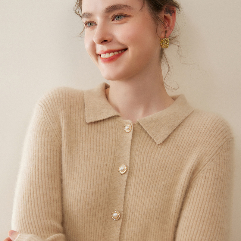 100% Cashmere Polo Shirt Collar Knitted Cardigan Long-Sleeved Slim Sweater with Strip Design, Soft and Skin-Friendly, Versatile