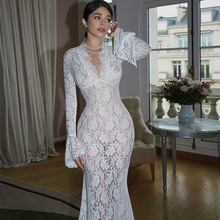 欧美性感女装秋季新品深V蕾丝透视修身气质连衣裙包臀宫廷风礼服