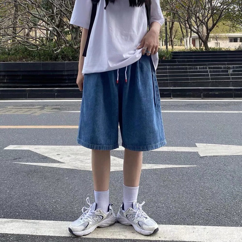 Summer Thin Denim Shorts Men's Loose Five-Quarter Pants American Fashion Brand Casual Washed Elastic Waist Straight Pants