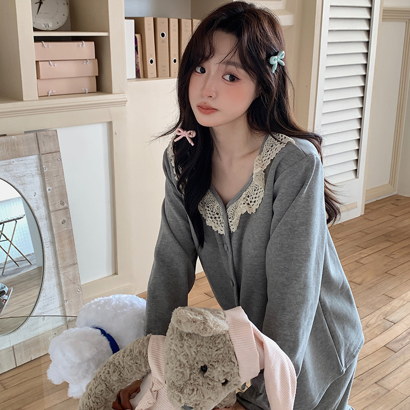 带胸垫睡衣女秋冬新款保暖长袖羊绒蚕丝宽松韩系甜美花边家居服|undefined