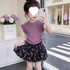 女童夏季套装上衣碎花半身裙中小童学院风新款儿童时髦短袖两件套